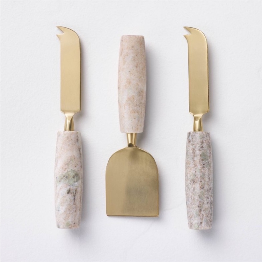 Hearth & Hand Magnolia 3pc Brass Cheese Knives w/ Marble Handles Beige NEW!